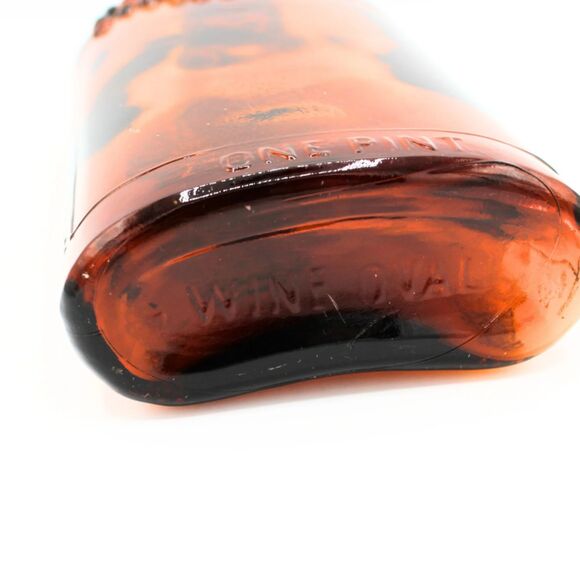 Antique One Pint Brown Wine Oval Glass Bottle Metal Cap Embossed Grape Design - Picture 3 of 6